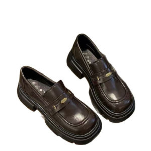 Free Shipping WomenS Small Leather Shoes 2026 Autumn New Collection Chunky Heel Loafers Platform Shoes Black Slip-On Style