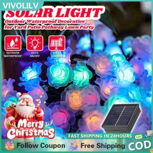 VIVOLILV Solar Rose Christmas Light Outdoor Waterproof Fairy Lights Artificial Rose Flower String Lamps Rose Fairy Lights For Outdoor Home Lawn Wedding Patio Party Decorations
