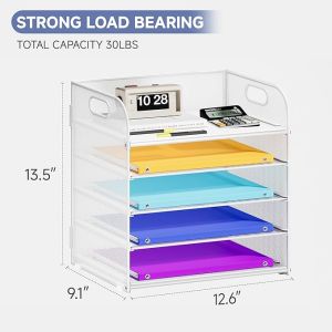 Metal Mesh Desk Organizer Rack with Handle 5-Tier Desktop Document Shelf Paper Letter Tray Organizer for Office School Supplies Desk Storage