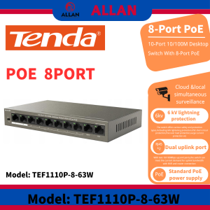 Tenda TEF1110P-8-63W 8-Port PoE Switch 10/100M Ethernet Network Hub with Dual Uplink Ports & 6kv Lightning Protection