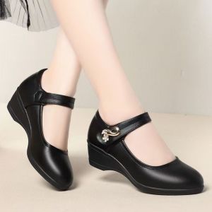 Ladies Korean Style Black Leather Wedge Shoes School Office Shoes For Women