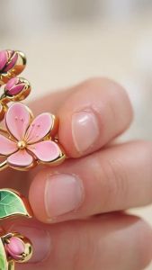 Pink Enamel Flower Brooch Floral Branch Bud Green Leaf Gold Tone Elegant Clothing Pin Fashion Accessory for Women