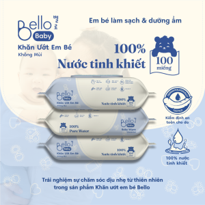 Combo 3 Gói Khăn ướt Bello 100 tờ không mùi an toàn mềm mịn cho làn da bé không cồn không Paraben - chủ động ngừa hăm hiệu quả
