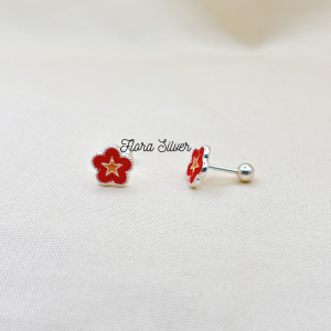 FLORA 0711N - Set bạc ta nhẫn bông tai khuyên chốt ren hình hoa cờ đỏ sao vàng Việt Nam dành cho bé gái