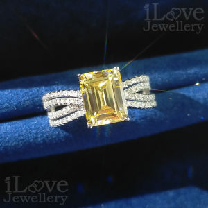 iLove Jewellery 925 Sterling Silver 18K White Gold Plated 2.3ct Light Yellow Emerald Cut Row Diamond Ring Cubic Zirconia Jewelry Gift for Women Fashion ILR008