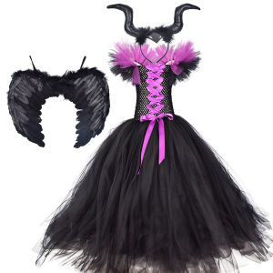 Children Girls Maleficent Witch Costume Set – Long Tulle Dress + Wings + Headband | Halloween Cosplay Outfit for Kids (0-12 Years)