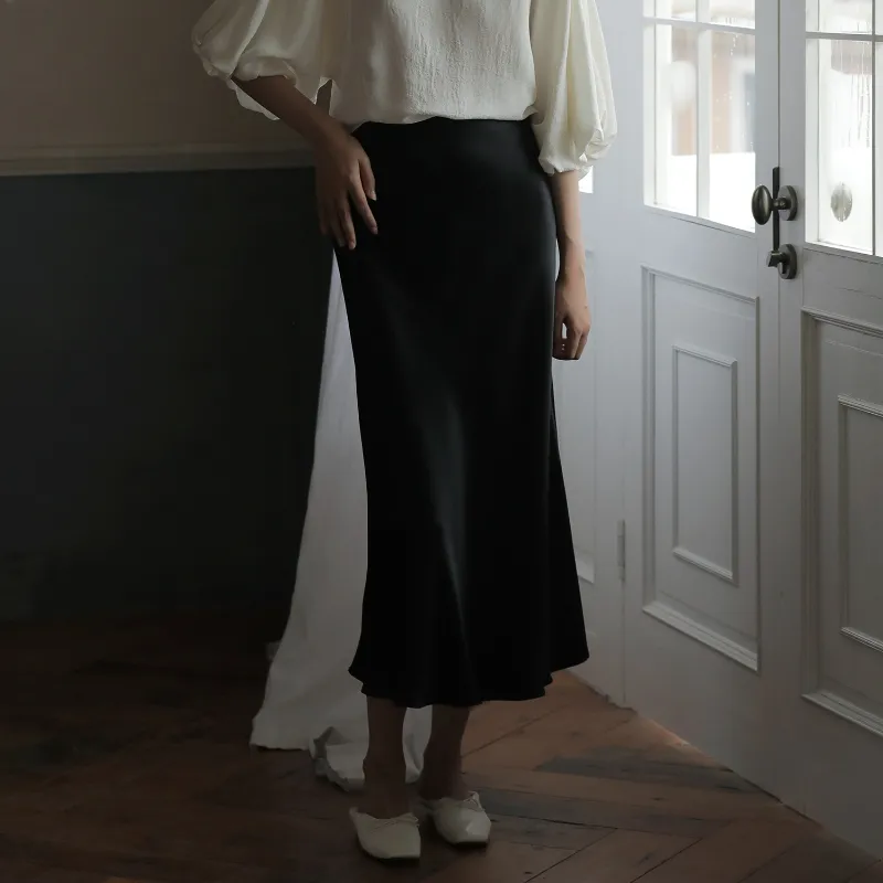 Silk Satin Skirts for Women Korean Style Champagne Office High Waist A-line  Skirt Fashion Elegant Solid Long Pencil Skirt 2023