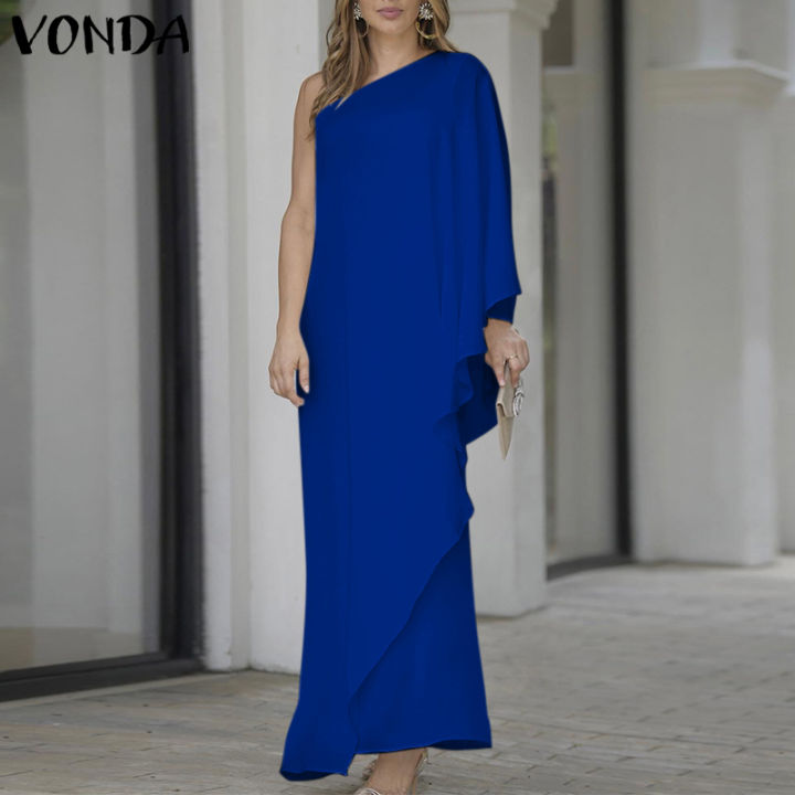 TRUY VONDA Womens Elegant Sloping Shoulders Dress One Side Ruffle Long ...