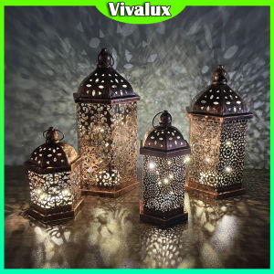 Vivalux New Design Ramadan Eid Decorations LED Metal Lantern Mubarak Iron Art Lamp Islamic Decorations Ramadan Eid Light Hollowed Out Moroccan Hanging Lantern