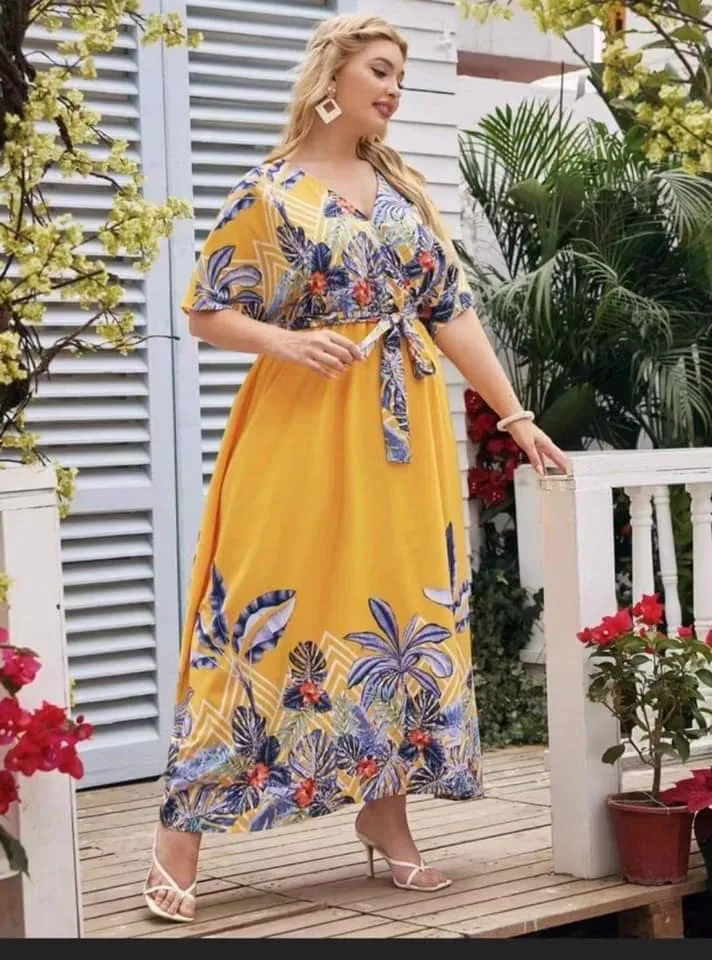 yellow floral plus size womens fashion maxi party v neck elegant hawaiian  sleeve dress for women