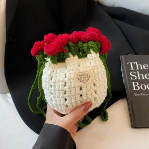 EQUOMT Bohemian Rose Bouquet Weave Bag Crochet Cotton Rope Flower Shoulder Bag Handmade Gift Hollow Out Knitted Crossbody Bag Birthday Gift