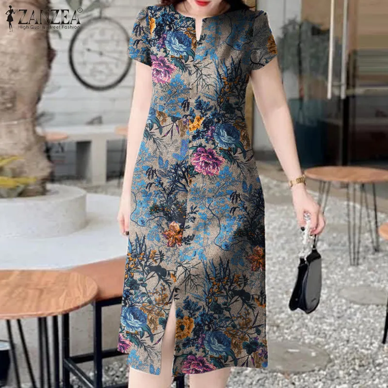 ZANZEA Women's Dresses Vintage Casual Floral Printed Short Sleeve Cotton  Linen High Waist Loose Midi Dress #7