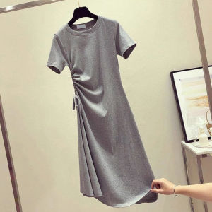 Womens Dresses  summer mid-length fashion casual drawstring korean style t-shirt dress