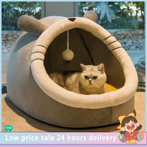 Cartoon Pet Bed House Washable for 2-10KG Indoor Cute Semi-closed Cat Bed with Toy Ball Warm Soft Removable Pet Nest