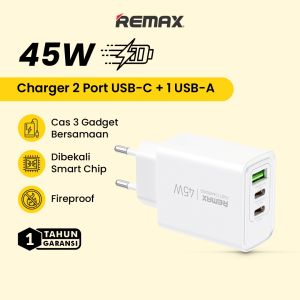 Adaptor Charger Fast Charging Remax Kiddy Series 45W with 2 USB-C Output & 1 USB-A Output Charger Fast Charging