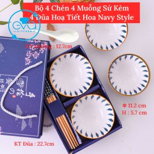 Bộ 6 Chén Sứ Hoạ Tiết Hoa Văn Navy Style Kèm 6 Đôi Đũa Tre Cao Cấp