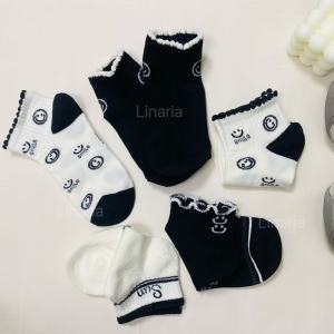 (Pack of 5) Womens College Style Black and White Series Korean Cute Casual Short Socks Embroidered Versatile Breathable Pure Cotton Short Socks W33-1