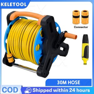 30M Garden Hose Reel Cart Wall Mounted Garden Hose Reel Portable Water Hose Reels Cart Garden Watering Hose Rack Outside Car Washing Flowers