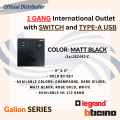 Bticino Galion 16A 250VA 1 Gang International Socket Outlet with Switch and Type-A USB Charger. 