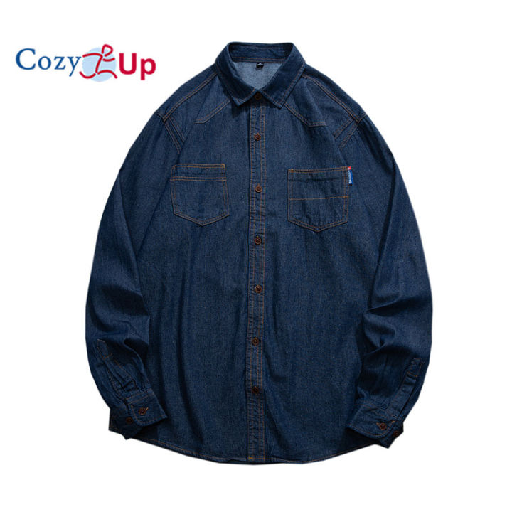 Cozy Up Japanese Harajuku Button Up Vintage Blue Denim Cargo Shirt for Men  Urban Streetwear Plus Size Long Sleeve Blue Jeans Shirts