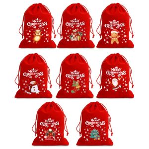 10pcs Christmas Velvet Drawstring Bags / Red Velvet Drawstring Pouch / Xmas Candy Cookie Snack Packing Bags / Christmas New Year Gift Bags
