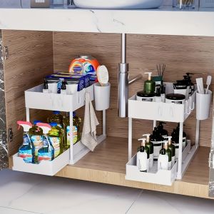 SG In Stock kitchen Racks Under Sink Racks Kitchen Storage Racks Multiple PP Plastic Cabinet Storage Racks For Home Use