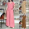 ZANZEA Women Two-piece Outfits Raglan Sleeve V-Neck Button Up Shirt Wide Leg Long Trousers Solid Elegant Sets #0407. 