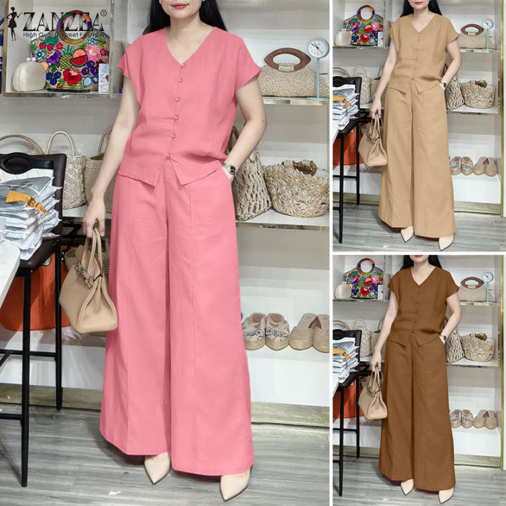 ZANZEA%20Women%20Two-piece%20Outfits%20Raglan%20Sleeve%20V-Neck%20Button%20Up%20Shirt%20Wide%20Leg%20Long%20Trousers%20Solid%20Elegant%20Sets%20#0407%20-%20Image%204
