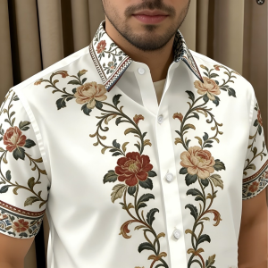 Barong Shirt for Men Retro Ethnic Shirt Asean Attire Traditional Festival Wear Floral Print Short Sleeved Shirt Tops