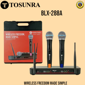 Tosunra BLX-288A Wireless Microphone Set with Receiver and Carrying Case. Two microphones with colored accents receiver with antennas and portable case. Suitable for presentations and performances.