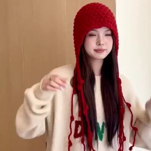 Knitted Hat Tassel Handmade Ear Protection Hat Cute Wool Windproof Warm Pullover Hat Women Winter