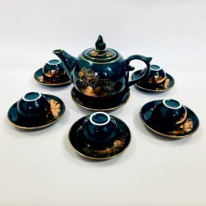 Bộ ấm chén Bát Tràng cao cấp màu xanh Arctic họa tiết hoa sen vẽ vàng 24k
