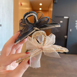 Fashion Mesh Bow Hair Claws Retro Rhinestone Makeup Clip for Women Sweet Acrylic Hair Accessories Shark Clip Headdress