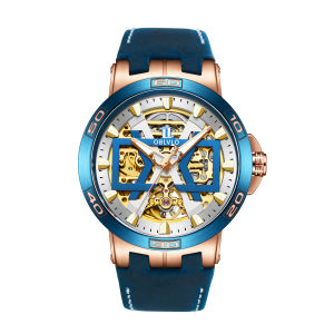 OBLVLO New Design All Black Automatic Watches With Skeleton Dial Leather Strap Waterproof Big Watch UM