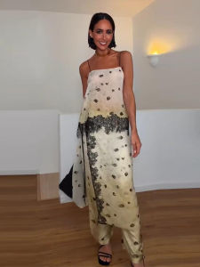 Womens Top Lace Trim Two-Piece Set Spaghetti Strap Printed Vest Wide-Leg Pants Casual Co-Ord Summer Wear Beach Vacation Outfit2026