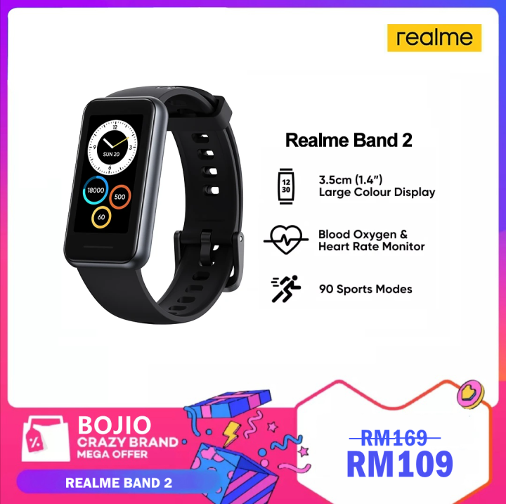 Realme Band 2  (1.4") 3.5cm Large Color Display Blood Oxygen & Heart Rate Monitor  90 Sports Modes Free Shipping 1 Year Local Manufacturer Warranty Ready stock Ship From Malaysia Fast Delivery