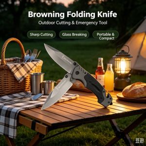 Browning Folding Pocket Knife Multifunctional Outdoor Camping Tool with Sharp Cutting Blade & Emergency Glass Breaker for Picnic Hiking