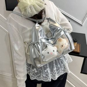 HORAC แบบเกาหลี กระเป๋าสะพายไหล่โบว์ ดีไซน์ใหม่ ความจุขนาดใหญ่ กระเป๋าเดินทางแบบสบาย แฟชั่น หนัง กระเป๋าสะพายข้าง นักเรียน