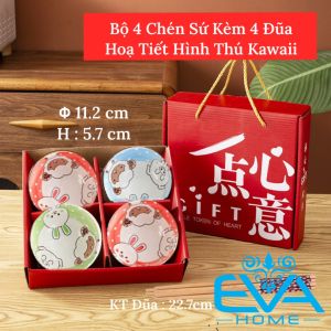 Bộ 6 Chén Sứ Hoạ Tiết Hình Thú Kawaii Phong Cách Nhật Tặng Kèm 6 Đôi Đũa Tre Cao Cấp