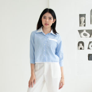 QUEENTIN Kemeja Wanita Crop 0659 Katun Polymicro Motif Salur Lengan Panjang 3/4