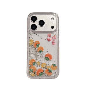 Floating Persimmon Sliders Case for iPhone 15 16 17 Pro Max Glitter Quicksand Dynamic Liquid Hard Back Cover Silicone Shell Capa