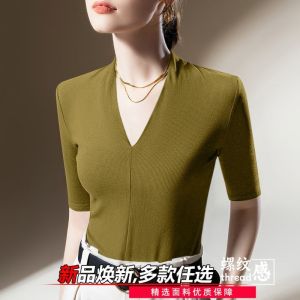 Womens summer new top V-neck plus size slim fit bottom T-shirt