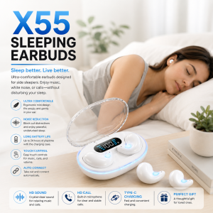 X55 Portable Wireless Bluetooth Sleeping Eabuds Waterprrof Hi-Fi Sound Noise Cancelling Earphone
