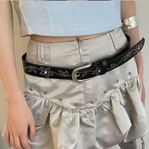 GOXBERK Flower Rhinestone Belt Alloy Y2K Rivet Belt Punk Black PU Leather Waistband Women