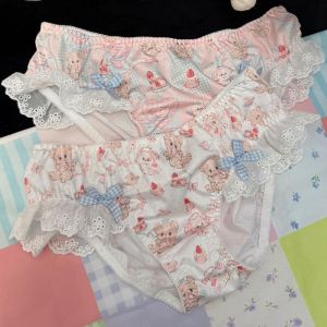 KSHU7 Cartoon Bowknot Bear Panties Dot Low Waist Lace Bow Briefs Lovely Underpants Ruffle Panties Women Girl