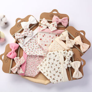 3Pcs Baby Bowknot Flower Print Soft Cotton Baby Headband Bibs Saliva Sweat Absorber Towel Care Set Newborn Headwear Baby Hair Accessories
