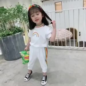 Terno For Kids Girls Clothing Girls Suit New Style Rainbow Short-Sleeved Cropped Pants Two-Piece Childrens Clothes Fashi