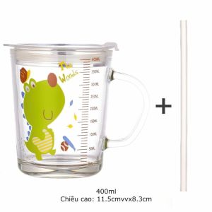[HCM] Cốc pha sữa thuỷ tinh chia vạch có nắp và ống hút 400ml Randy