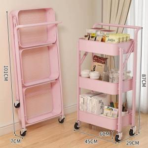 3 Tier Metal Rolling Cart Folding Utility Trolley Cart Home Organizer Bathroom Kitchen Office Nursery Storage Rack