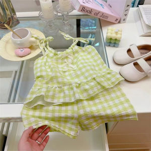 AILEBE Kids Sets Spaghetti Top Shorts Set With Cute Detail Checkered Pattern Soft Comfortable Elastic Summer Wear Simple Stylish Design Easy To Match Pambahay OOTD For Baby Girls 1-12 Years